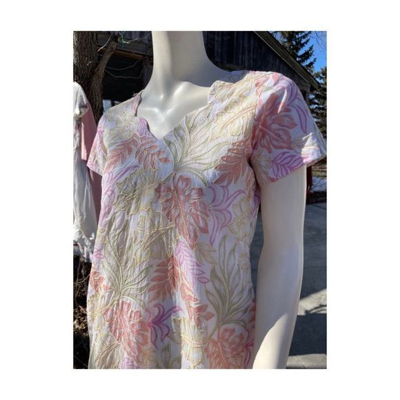 Pastel Botanical Print Tunic Dress Kurta Short Sleeve Gold Embroidery V-Neck - Picture 3 of 12